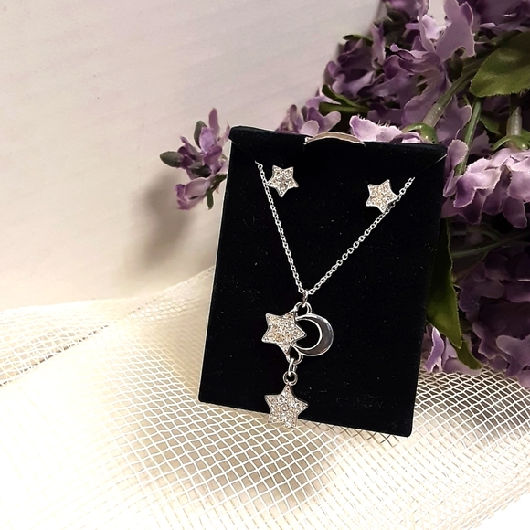 Avon Jewelry - Avon Necklace & Earrings Silver Tone Crescent Moon Rhinestone Stars Adjustable
